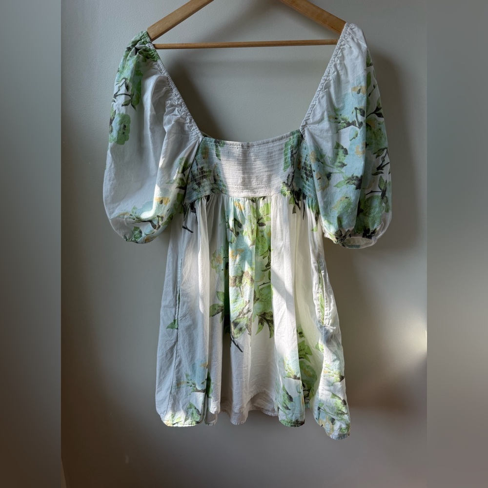 FREE PEOPLE Peony Puff Sleeve Babydoll Mini Dress Floral Milkmaid Coquette S - Picture 2 of 8